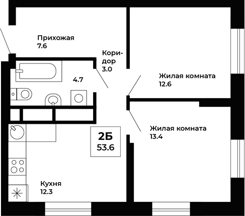 Планировка Планировка 2-к.кв 53,6 м² в ЖК Космос в Екатеринбурге в ЖК Космос